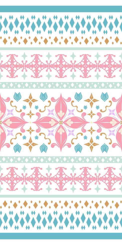 Magnificent Colorful Pink Sky Embroidery Royal Opulence Rich Silk Decoration Pattern. Seamless Stripe Rococo Victorian Design with Traditional Scroll Medieval Ornament Sweet Elegant Geometric Florals vector