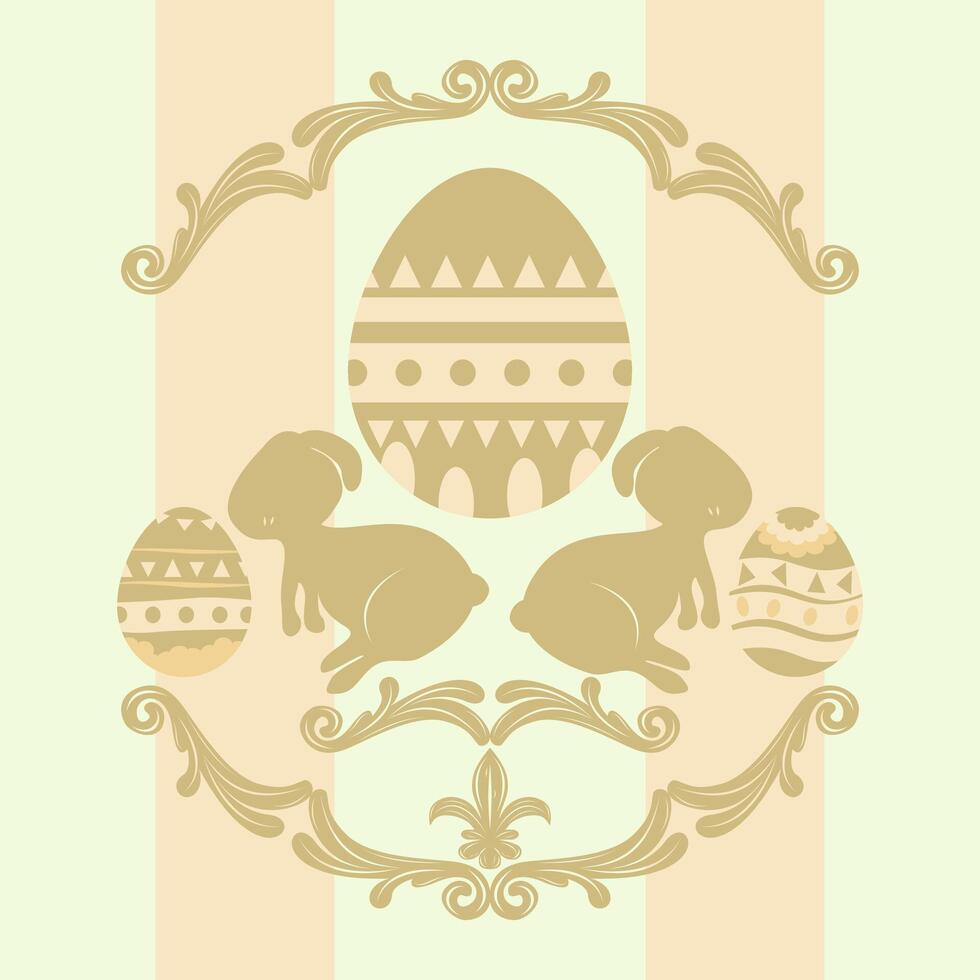 Easter Celebrate Rabbits and Eggs Ornament with Gold Beige Pale Pastel Green Mint Background Stripe Decoration. Elegance Luxury Scroll Ornate Victorian Circus Pattern for Festive Decoration Holiday vector