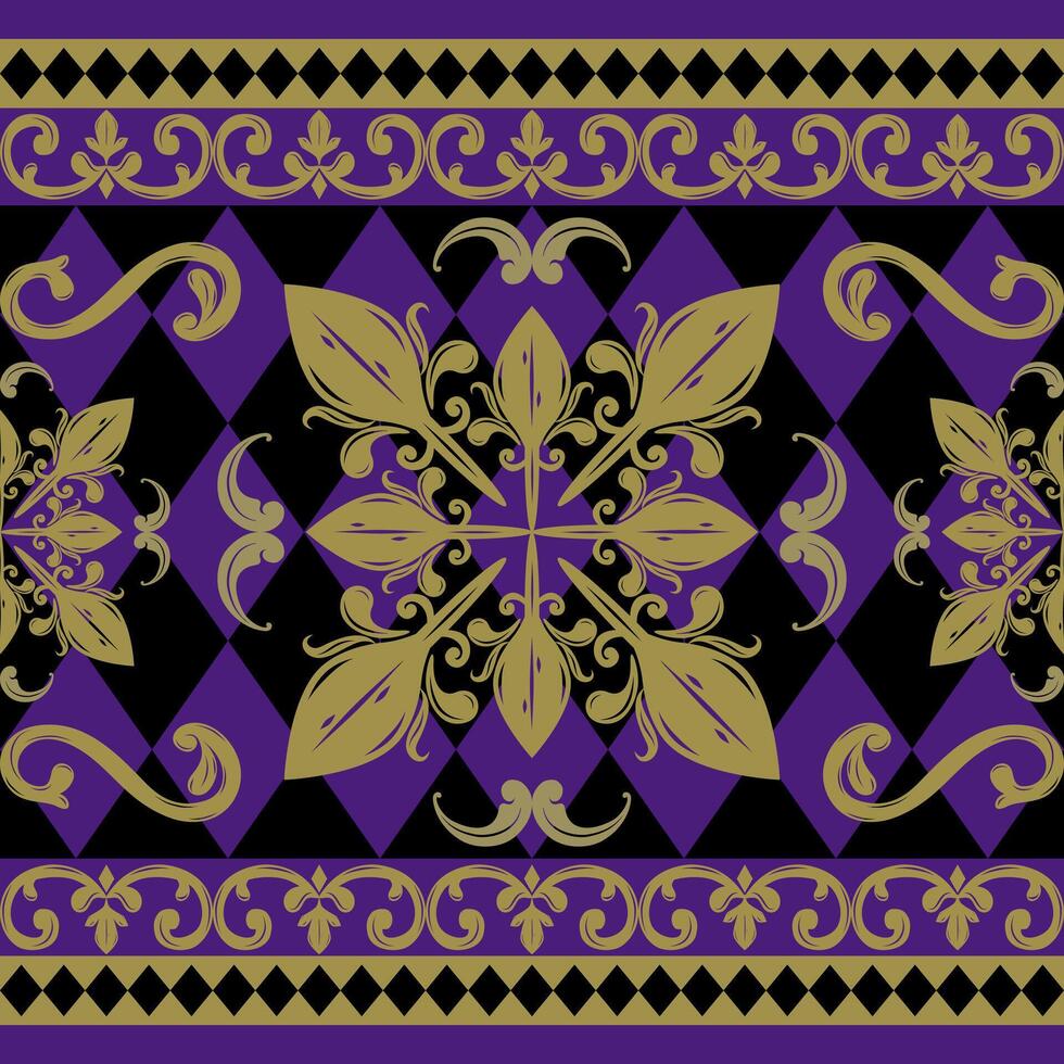 Royal Violet Damask Background Pattern with Gold Scroll Ornament Decoration. Elaborate Black Purple Argyle Design for Luxury Delicate Deep Elegance Floral Style Seamless Pattern Border Silk Weaves Rug vector