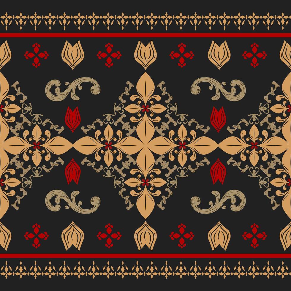 Victorian Motif Scroll Ornament Chevron with Curly Gold Scarlet Filigree Fabrics Pattern. Fleur De lis Damask Eternal Rose Florals Decoration Border. Mystery Black Background Embroidery Design vector