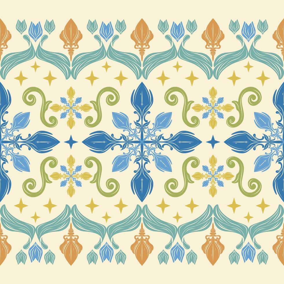Blue floral motif Pattern with swirling details forms a cross-like shape surrounded by curving green and gold flourishes that resemble stylized vines or filigree set against a soft cream background. vector