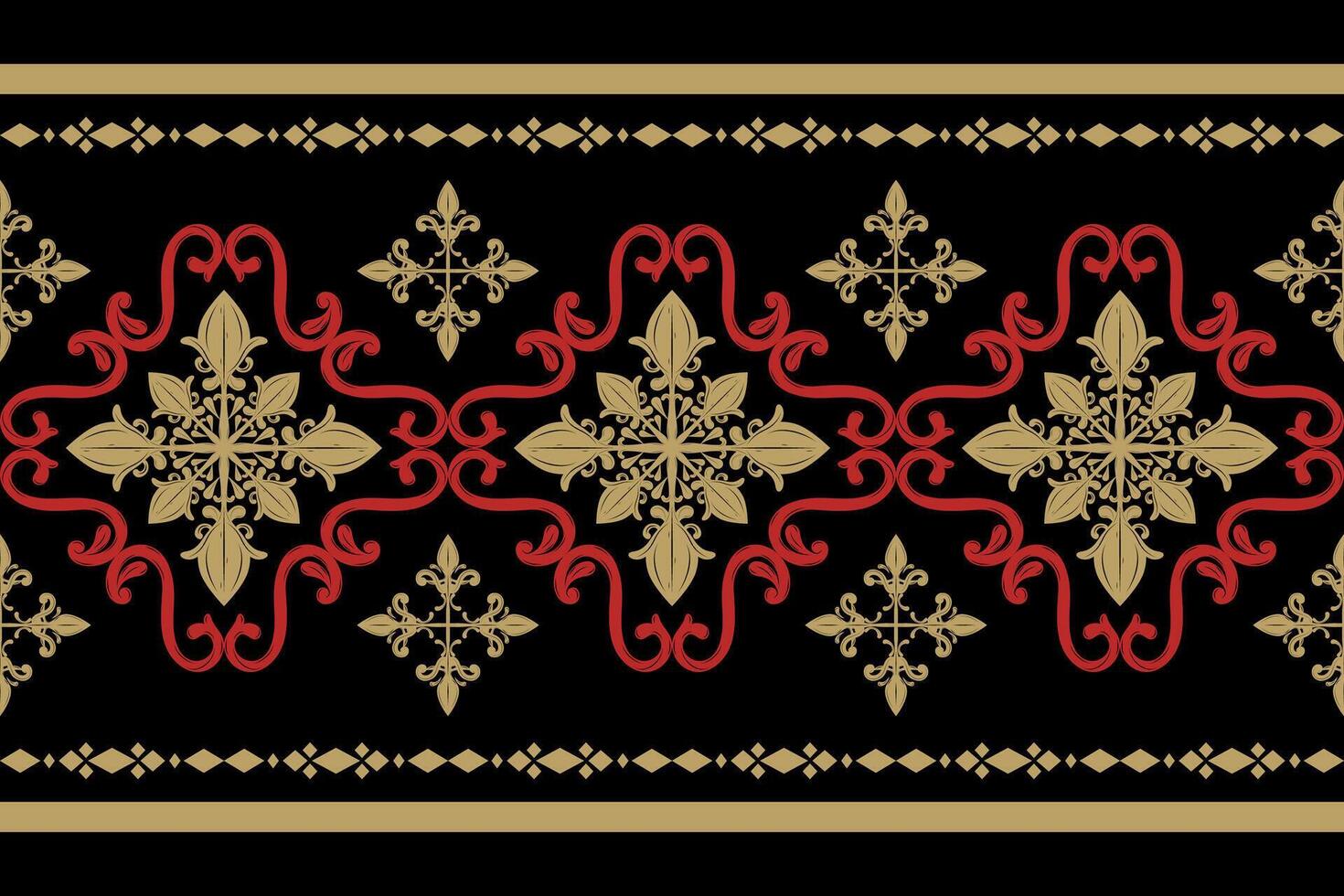 Elegance Motif Intricate Pattern with Red and Gold on Black Background Fleur de lis Ethnic Florals Scroll Element Detailed Luxury Border Oriental Design of Honor and Wealth Decoration Silk Apparel Men vector