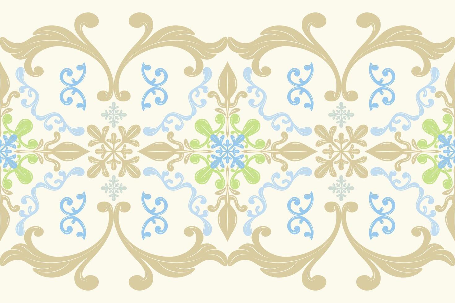 Elegant and refined aesthetic consists of soft beige, blue, and green hues set against a light background. wallpaper textiles ceramic tilework particularly in historical European interiors border lace vector