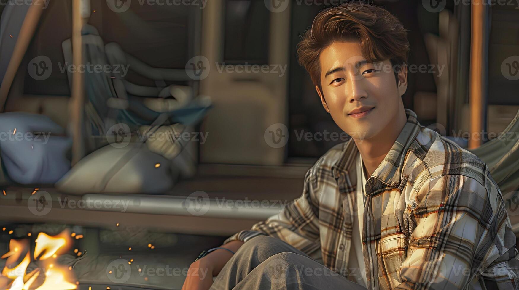 A man sitting next to a campfire photo