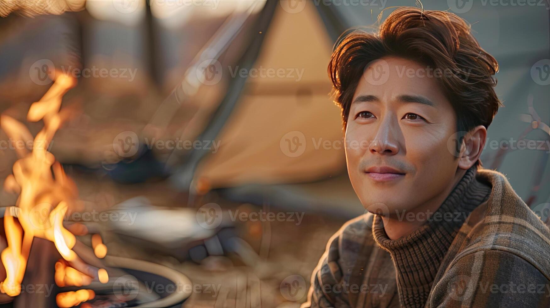 A man sitting next to a campfire in front of a tent photo