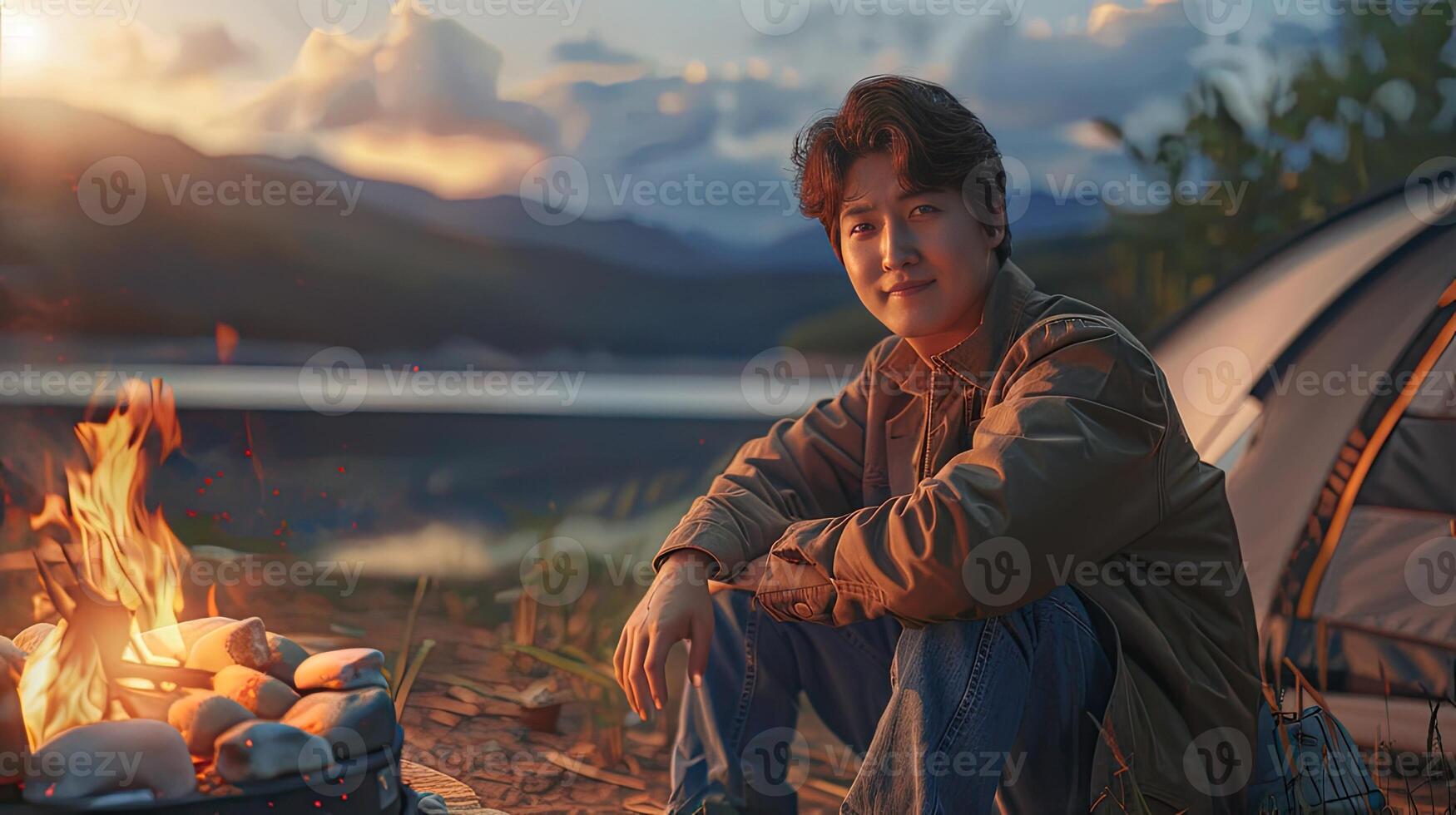 A man sitting next to a campfire with a tent in the background photo