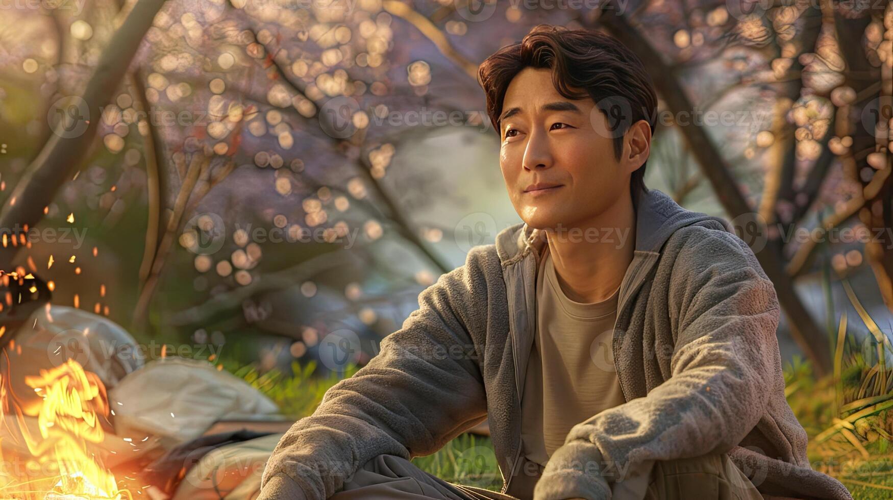 A man sitting next to a fire in the grass photo