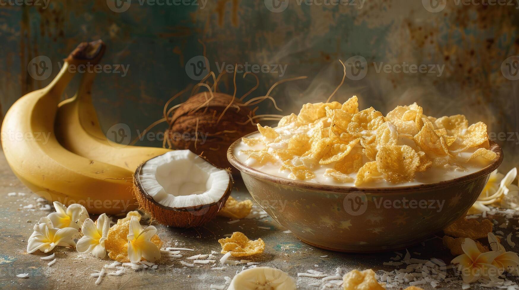 Corn flakes and bananas in a bowl photo