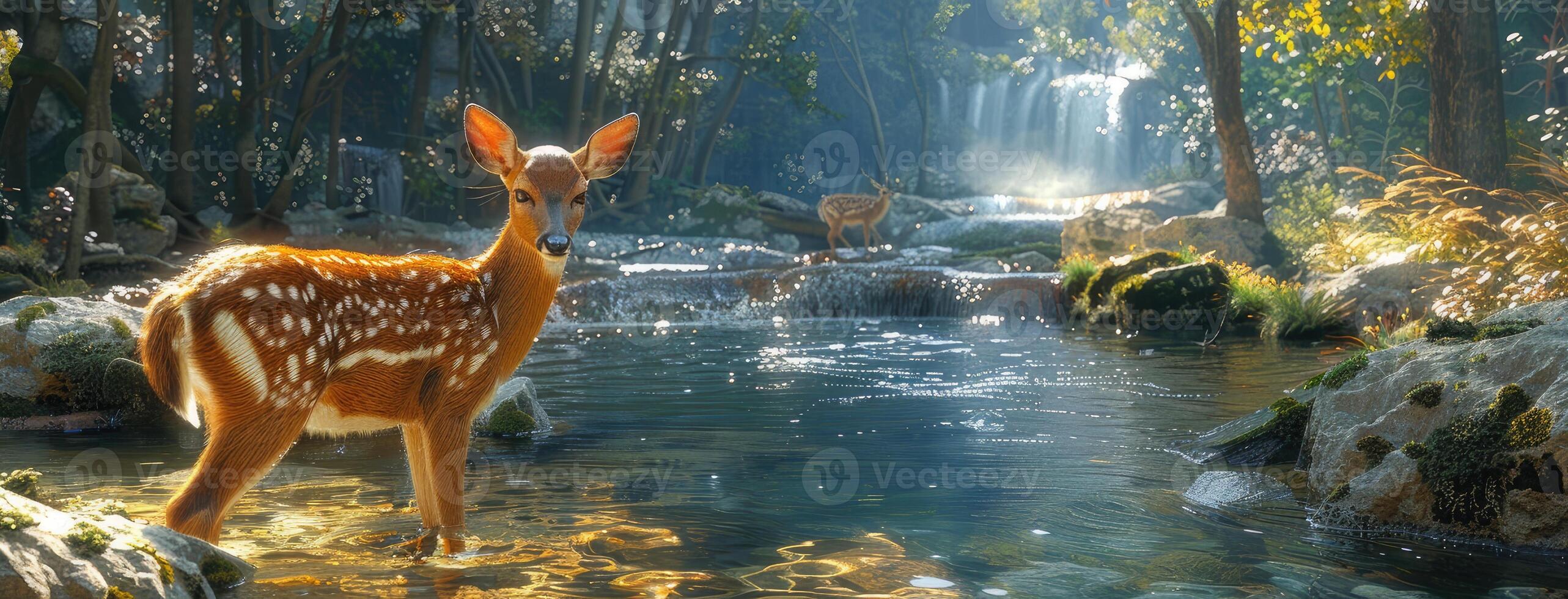 A deer is standing in a stream in the woods photo