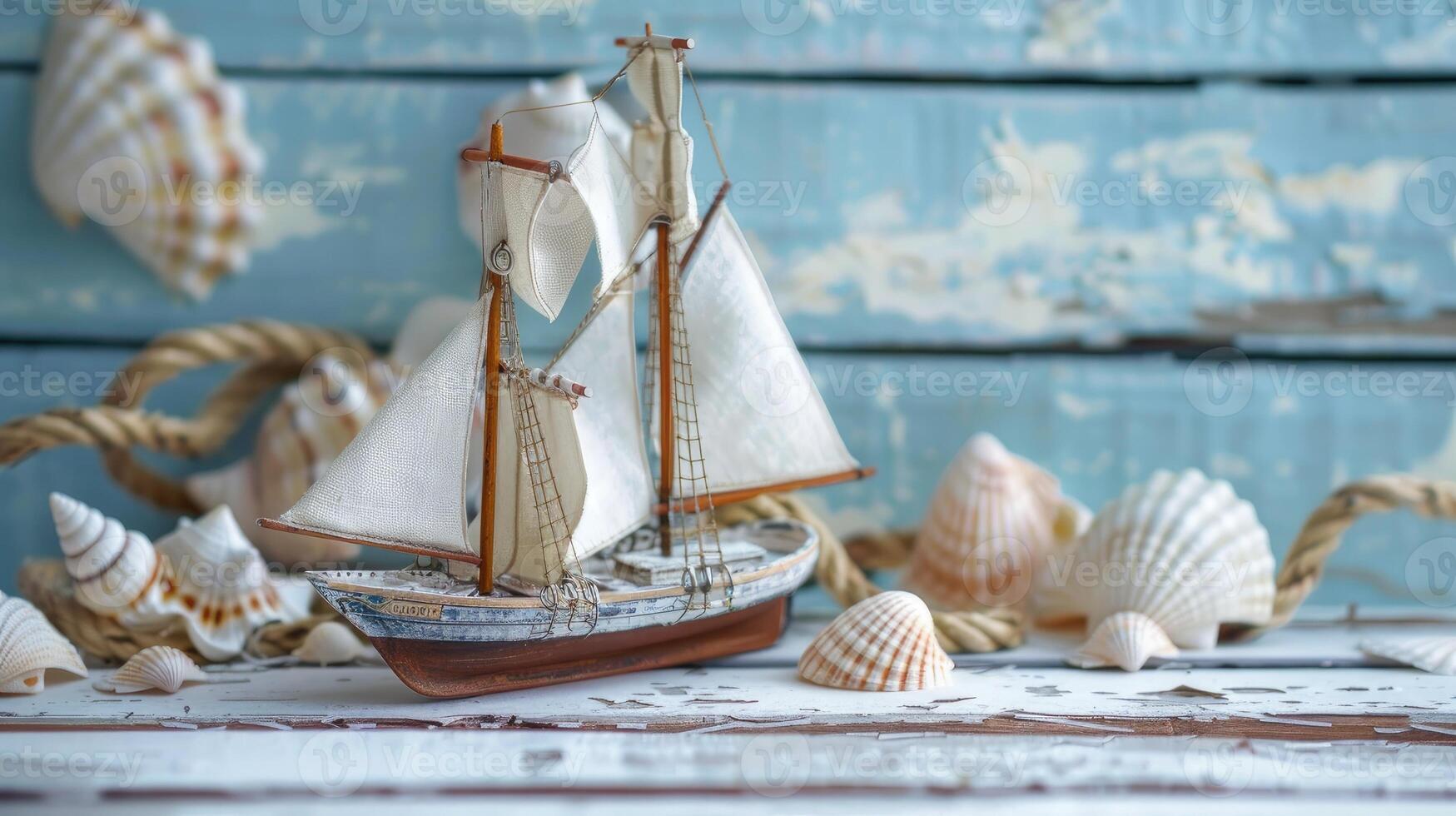 A model of a sailboat with shells on a wooden table photo