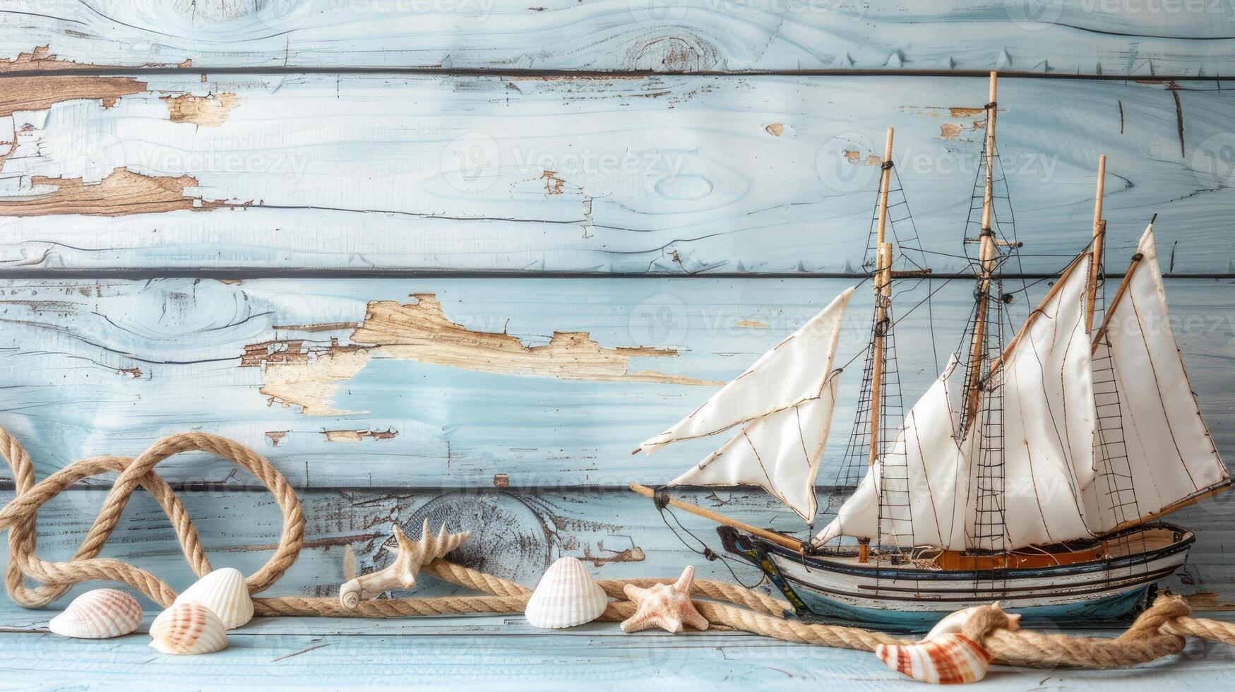 A model sailboat on a wooden table with rope and shells photo