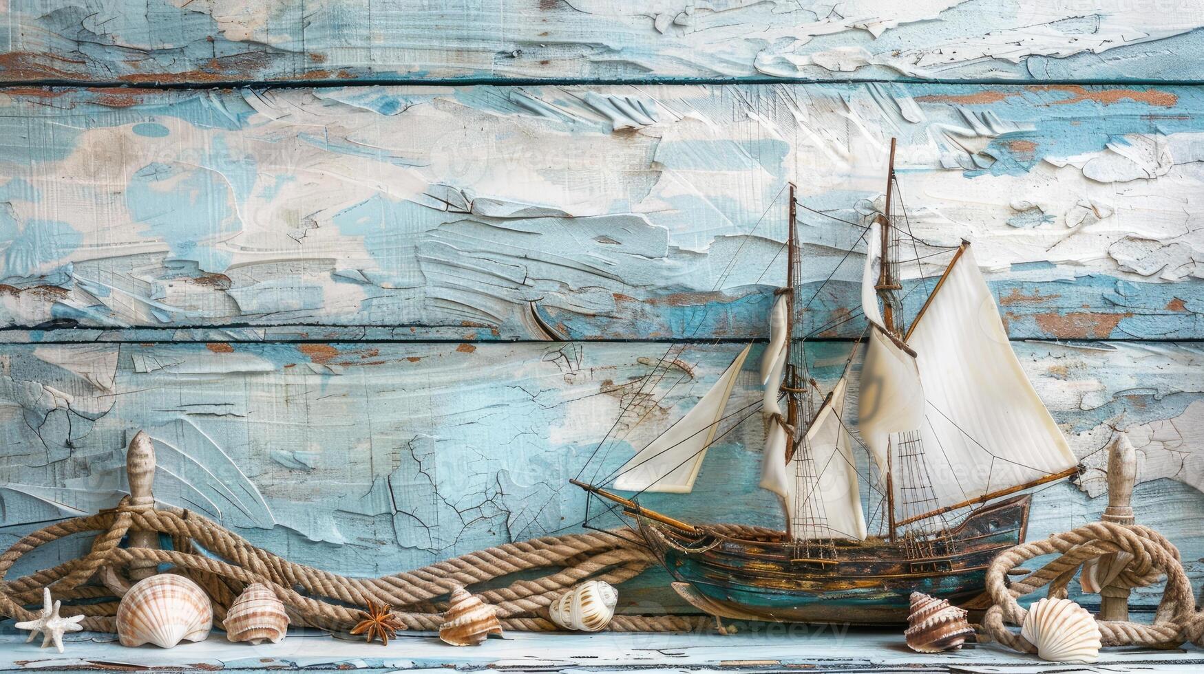 A wooden shelf with a ship, rope and shells photo