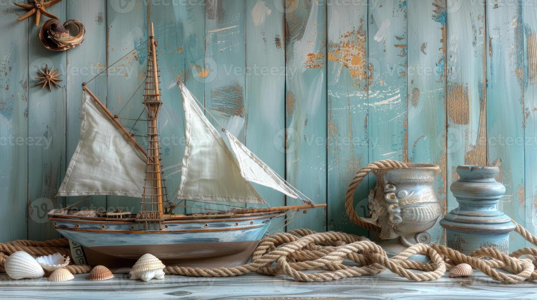 A wooden table with a sailboat, a jar and a rope photo