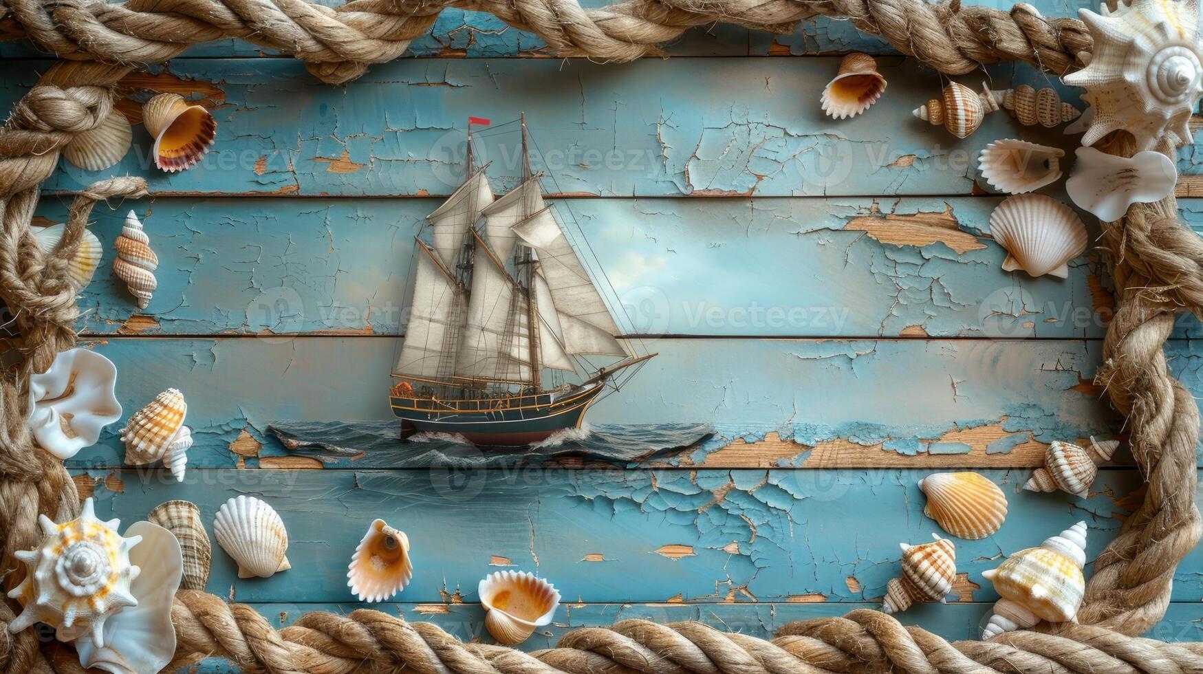 A wooden frame with a sailboat and shells photo