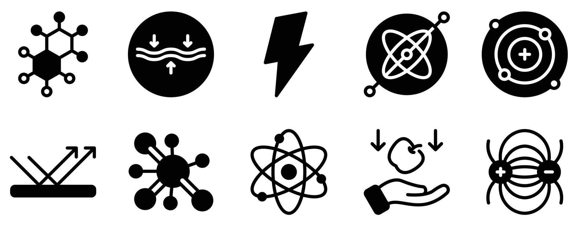 Physics Icon Set Solid Style Collection representing scientific concepts and principles suitable for education research and engineering applications vector