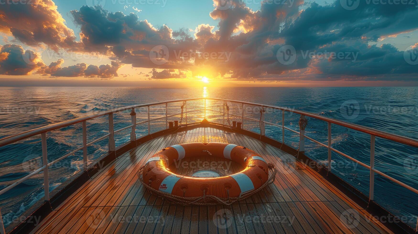 Sunset on a boat deck with life preserver photo