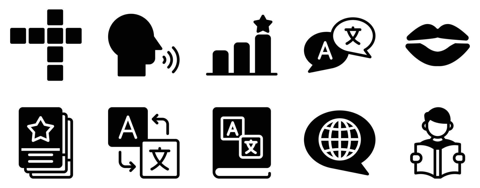 Language Learning Icon Set Solid Style Collection representing linguistic education and communication suitable for language apps online courses and educational platforms vector