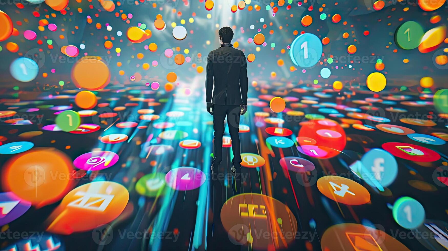 A man standing in front of a colorful circle of icons photo