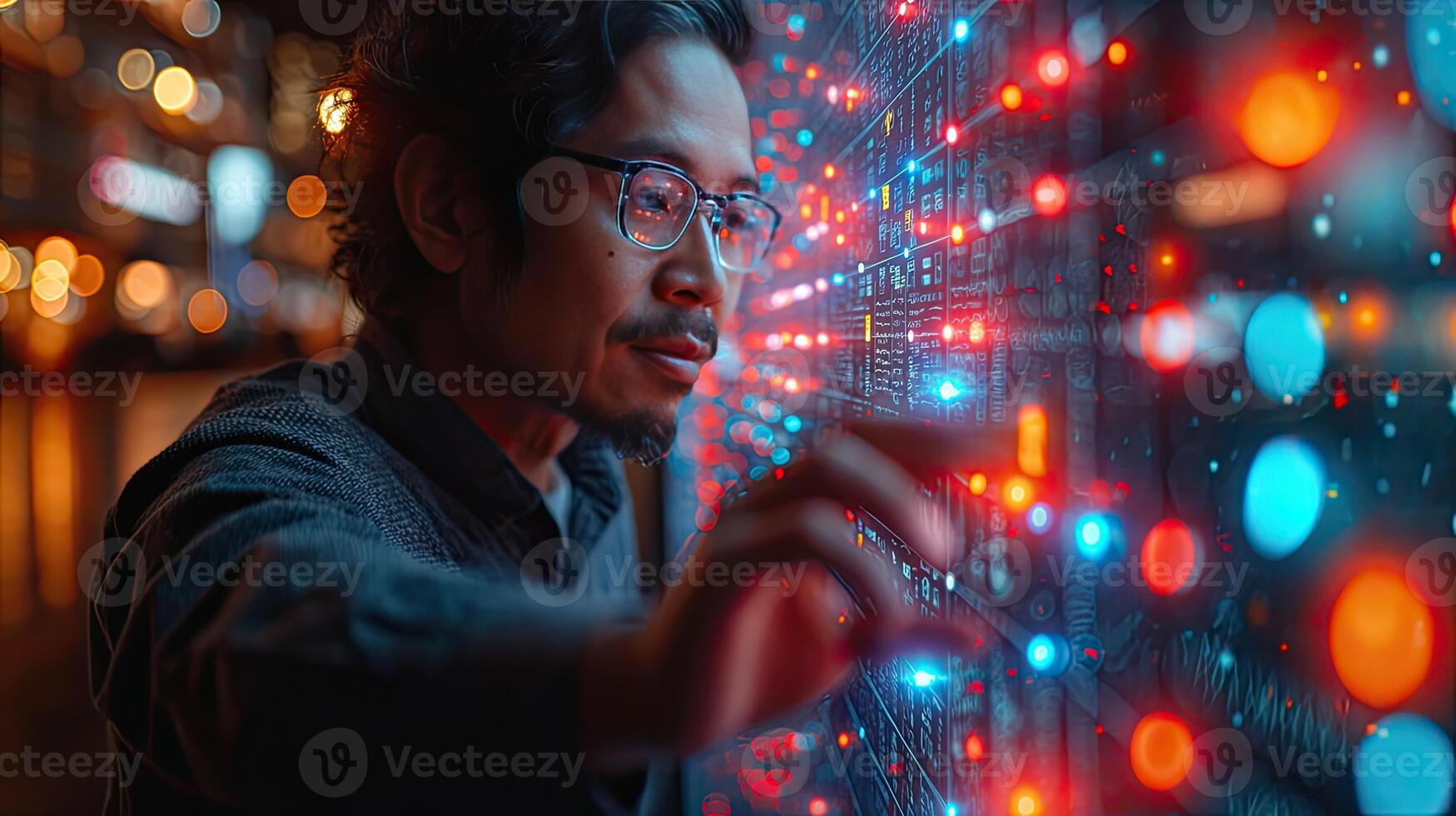 A man in glasses is looking at a computer screen with colorful lights photo