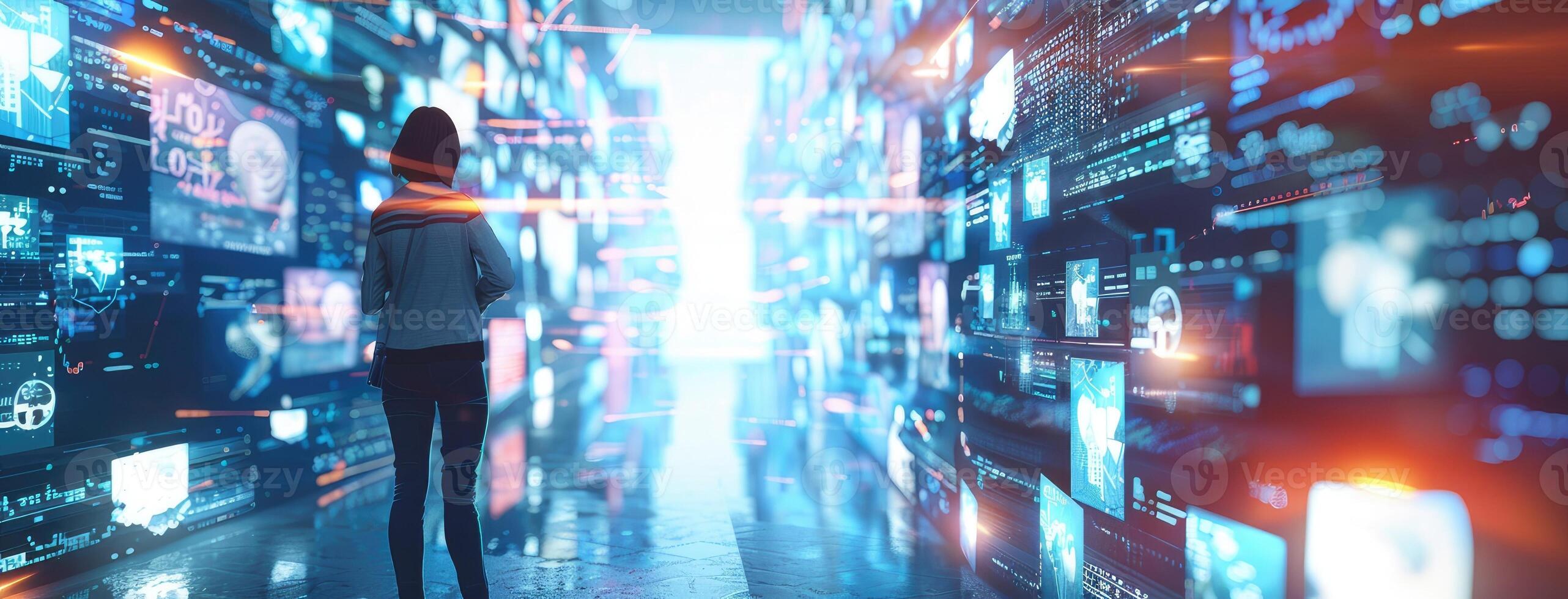 A man standing in front of a digital wall with many screens photo