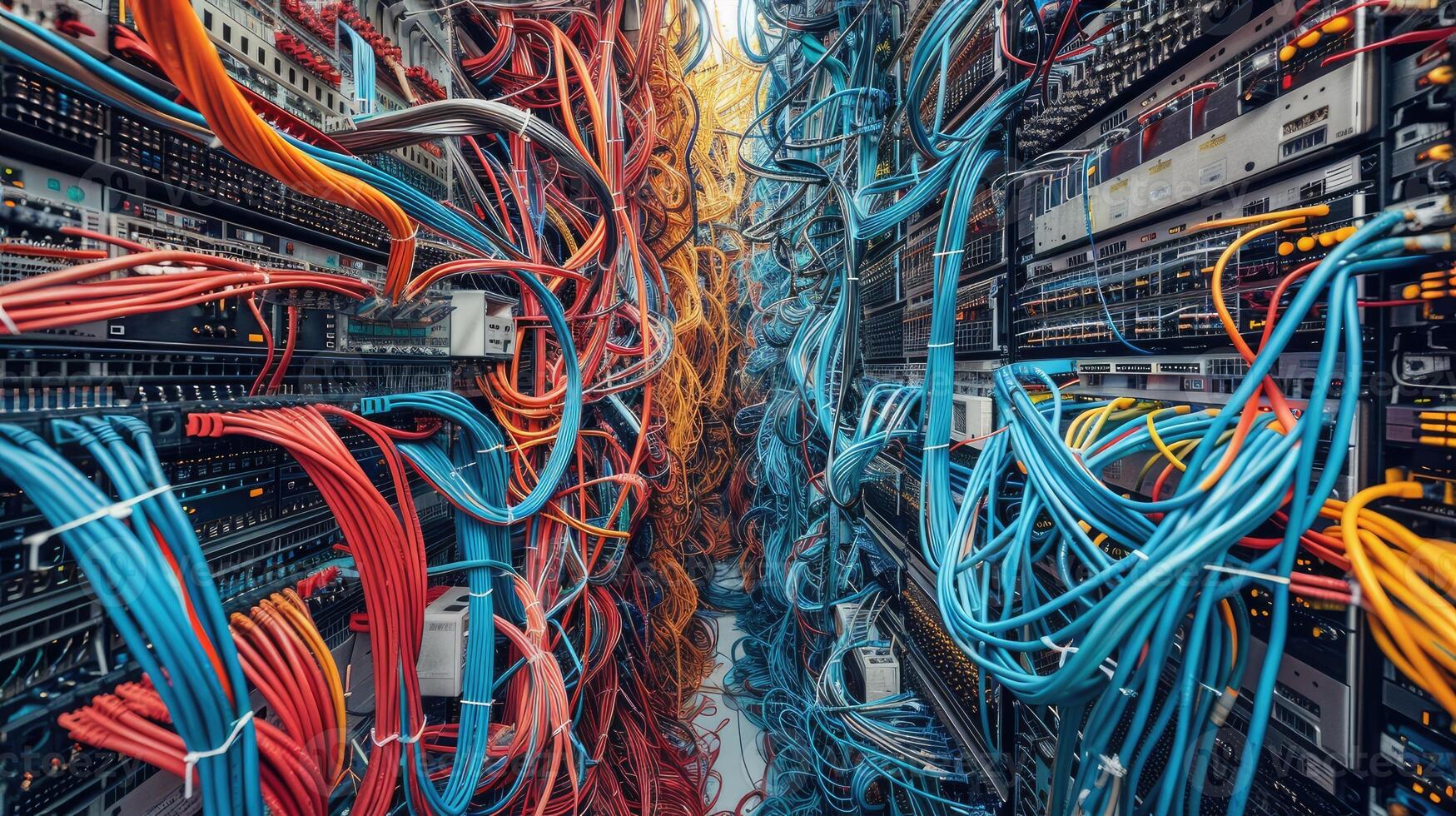 A large network of wires and cables in a server room photo