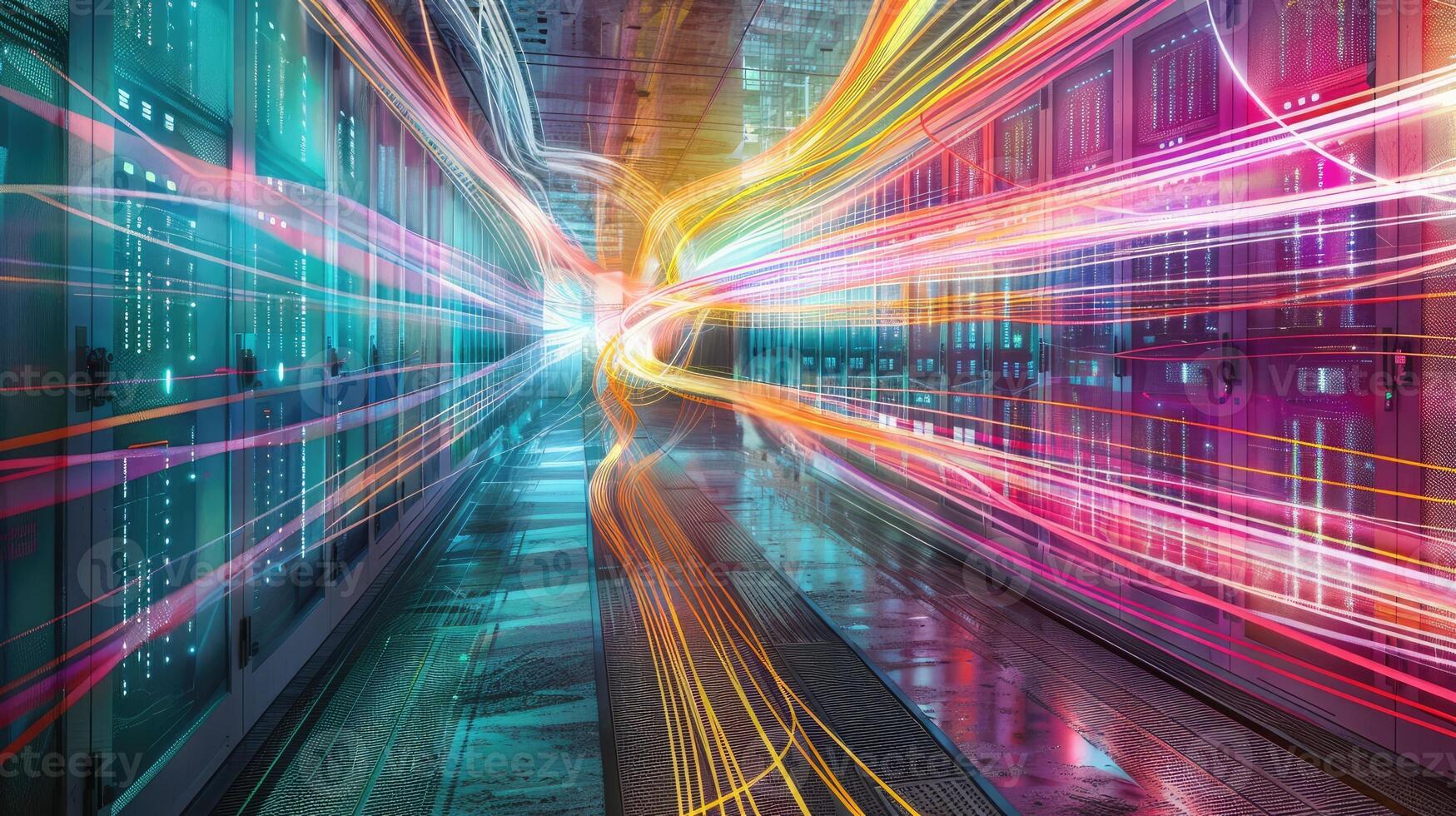 A long exposure of a colorful light trail in a data center photo
