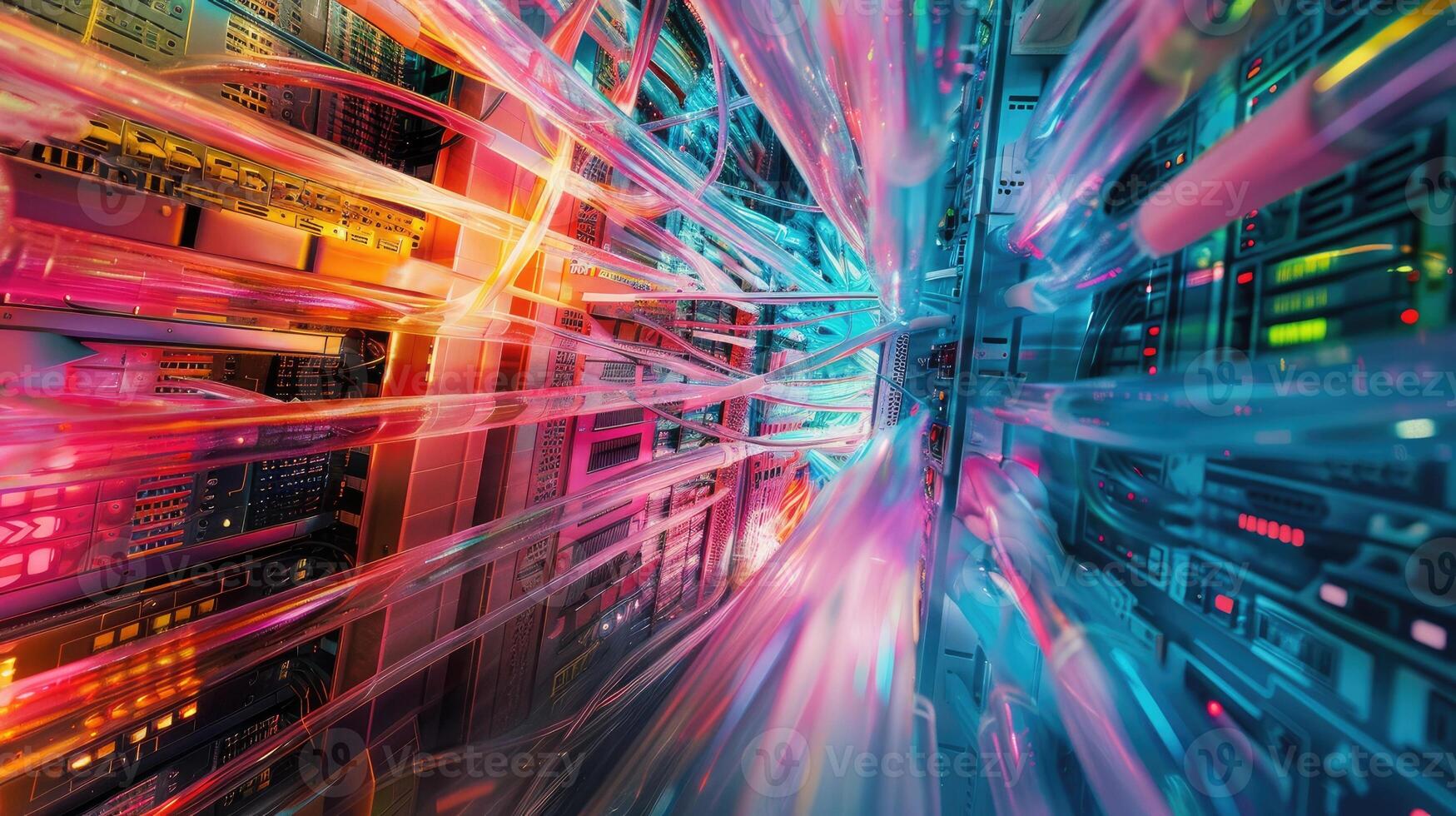 A computer server rack with colorful lights photo