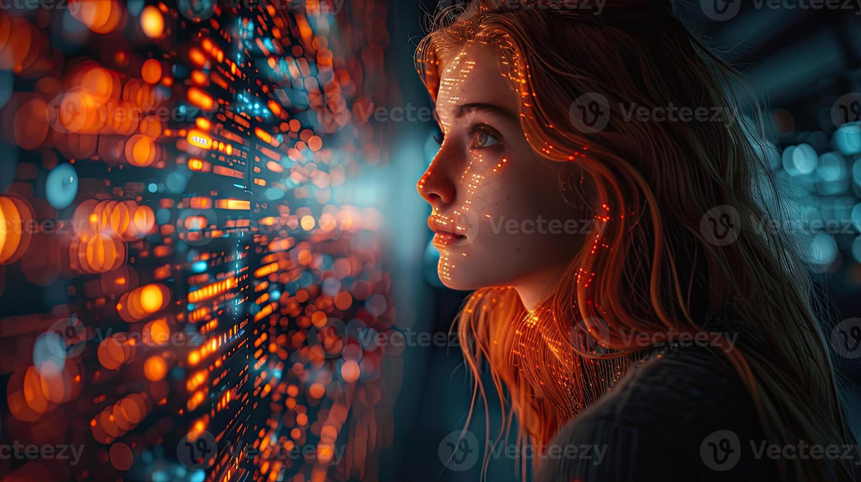 A woman looking at a computer screen with glowing dots photo