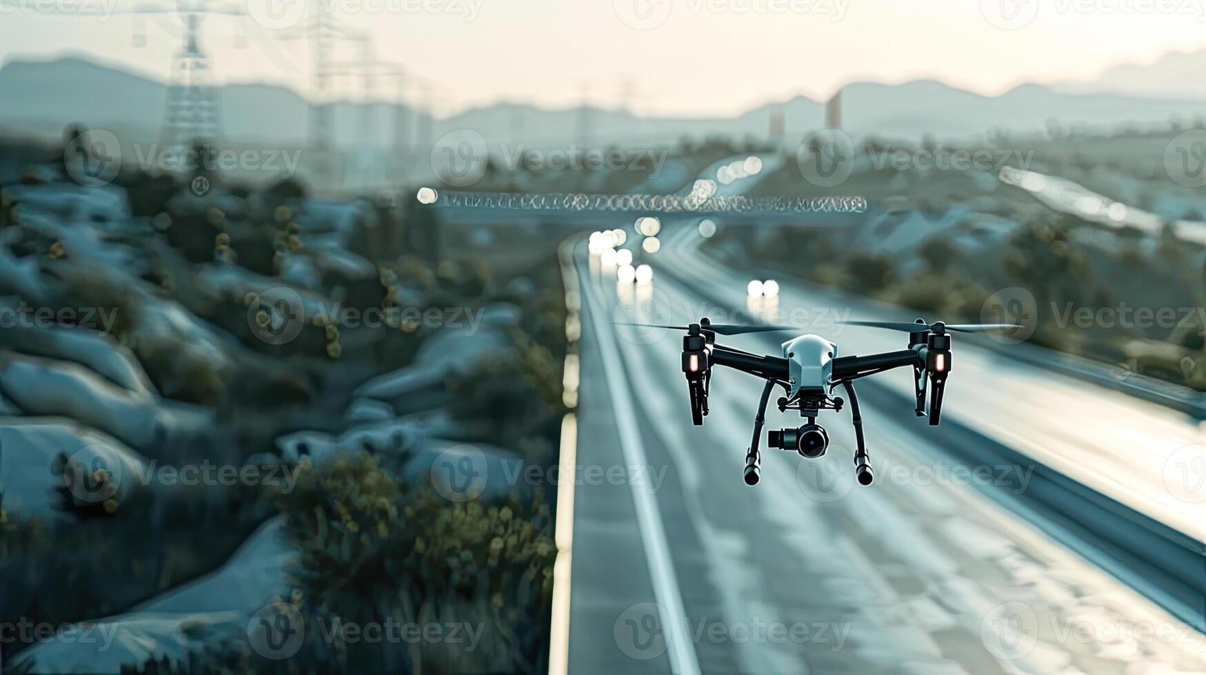 A drone flying over a highway with a mountain in the background photo