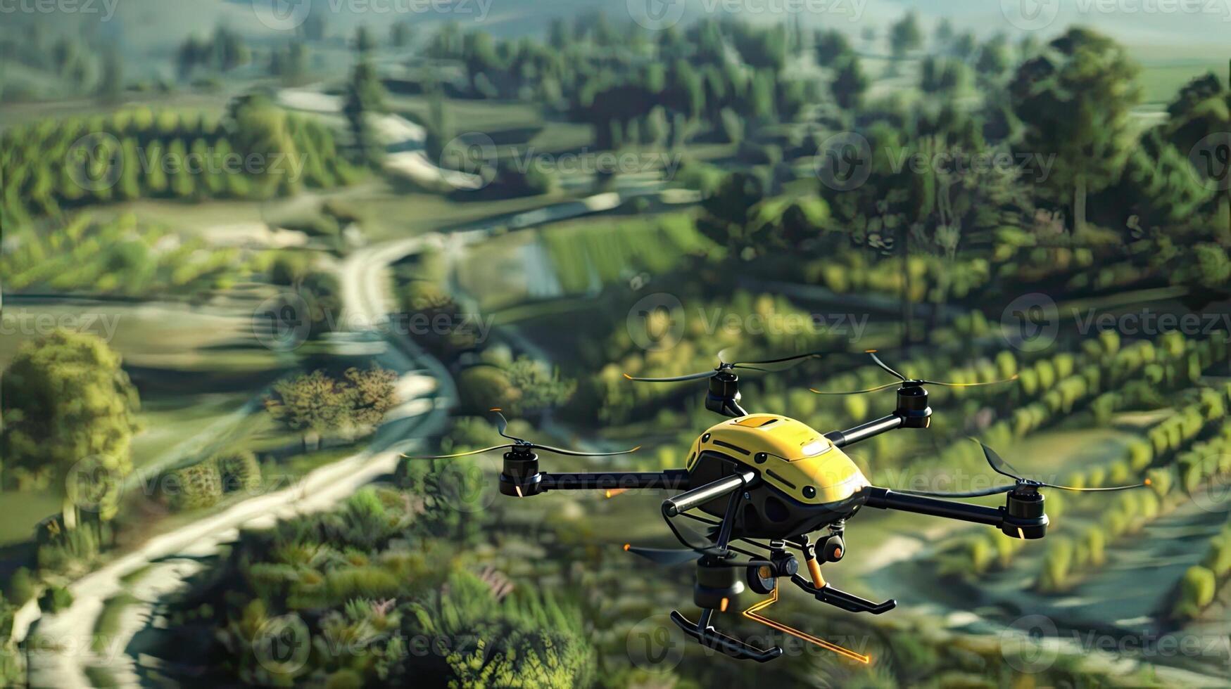 A drone flying over a field with trees and hills photo