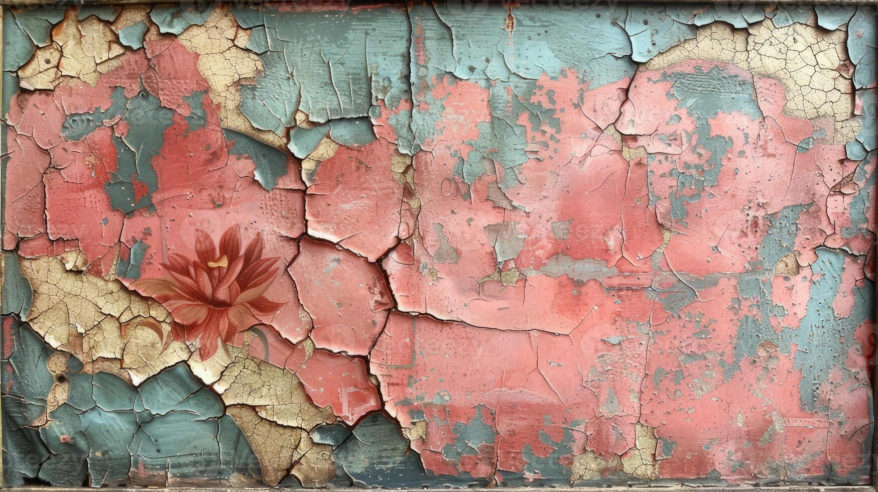 A painting of a flower on a peeling wall photo
