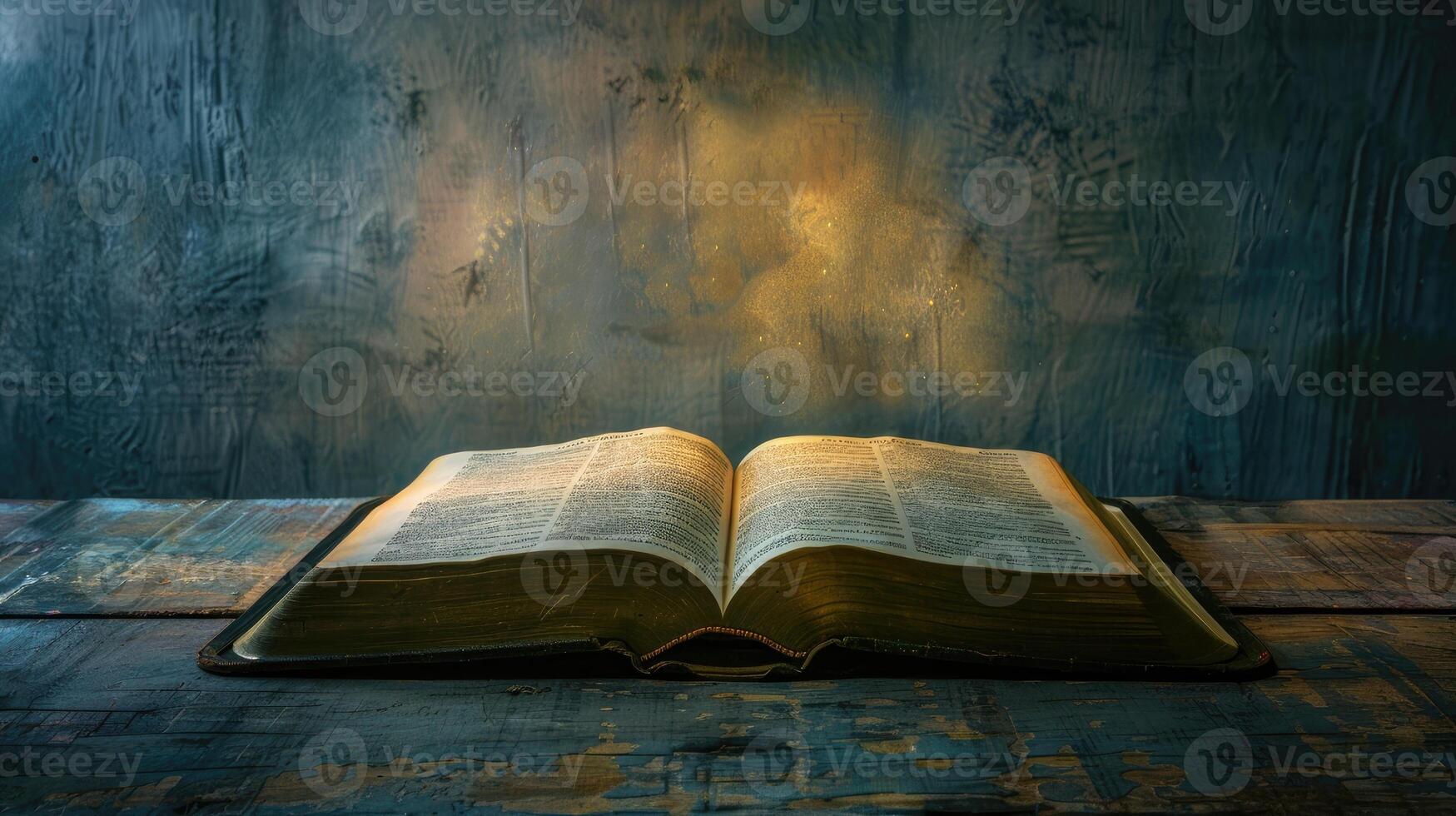 An open bible on a wooden table with a dark background photo