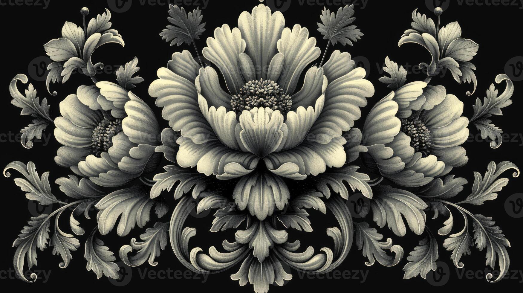 A black and white floral design on a black background photo