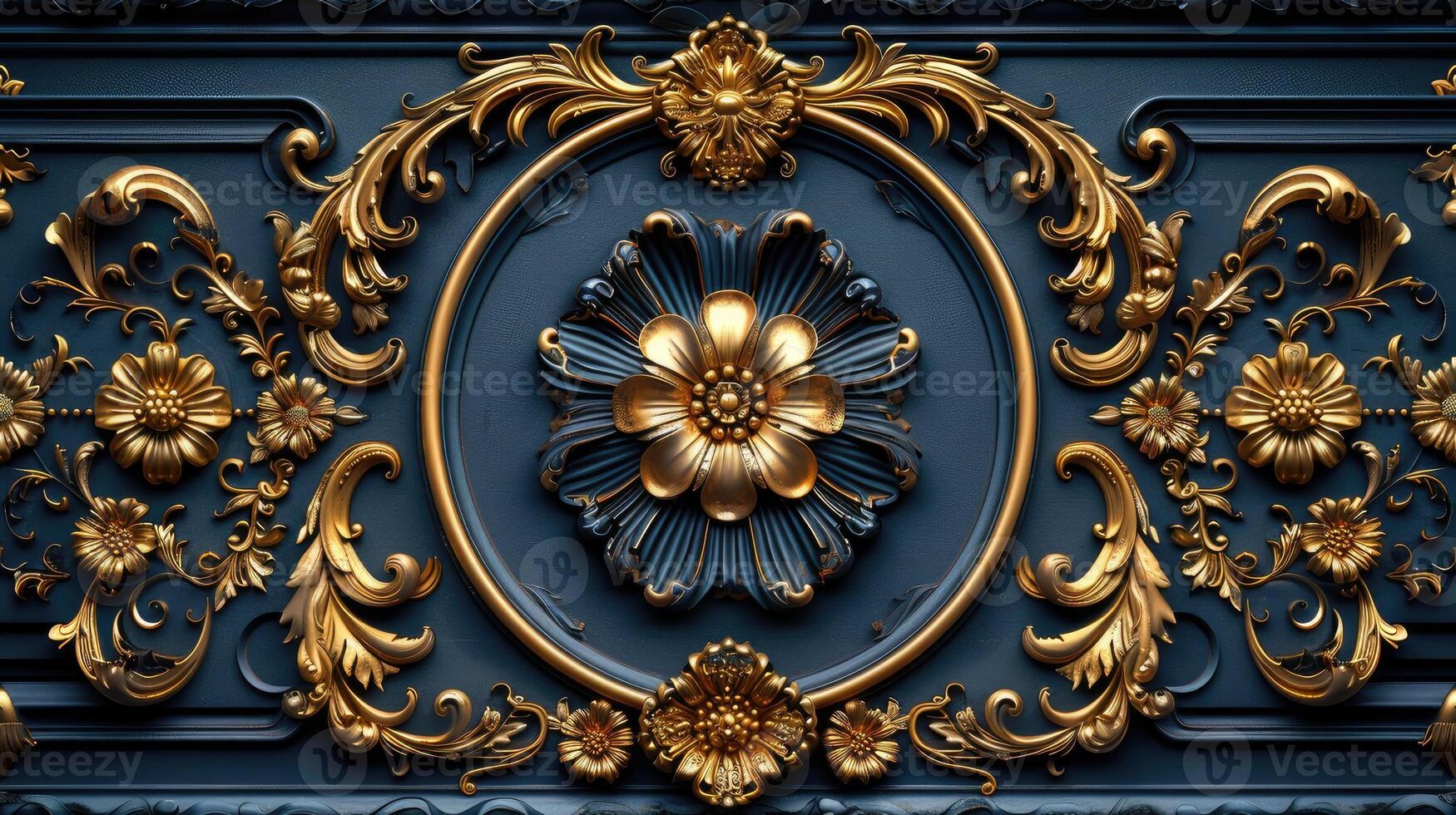 Golden floral pattern on a blue wall photo