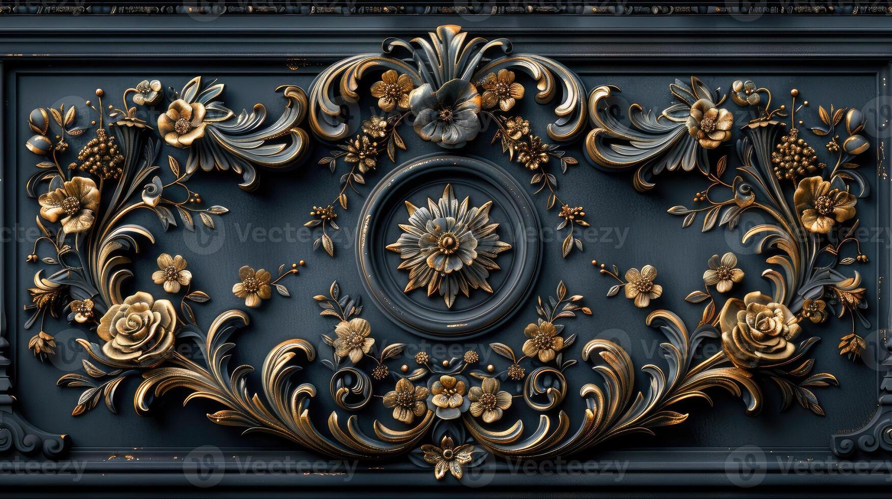 A decorative black and gold wall panel with flowers photo