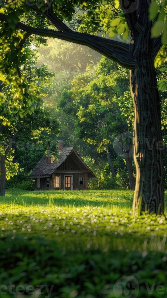 A small cabin in the middle of a lush green forest photo
