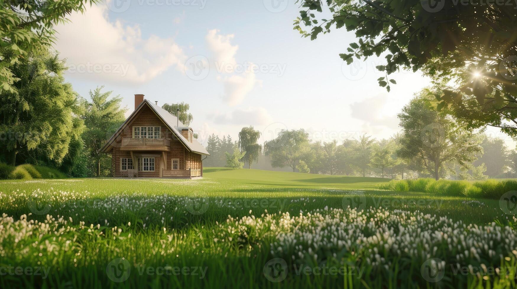 A small wooden house in the middle of a lush green field photo