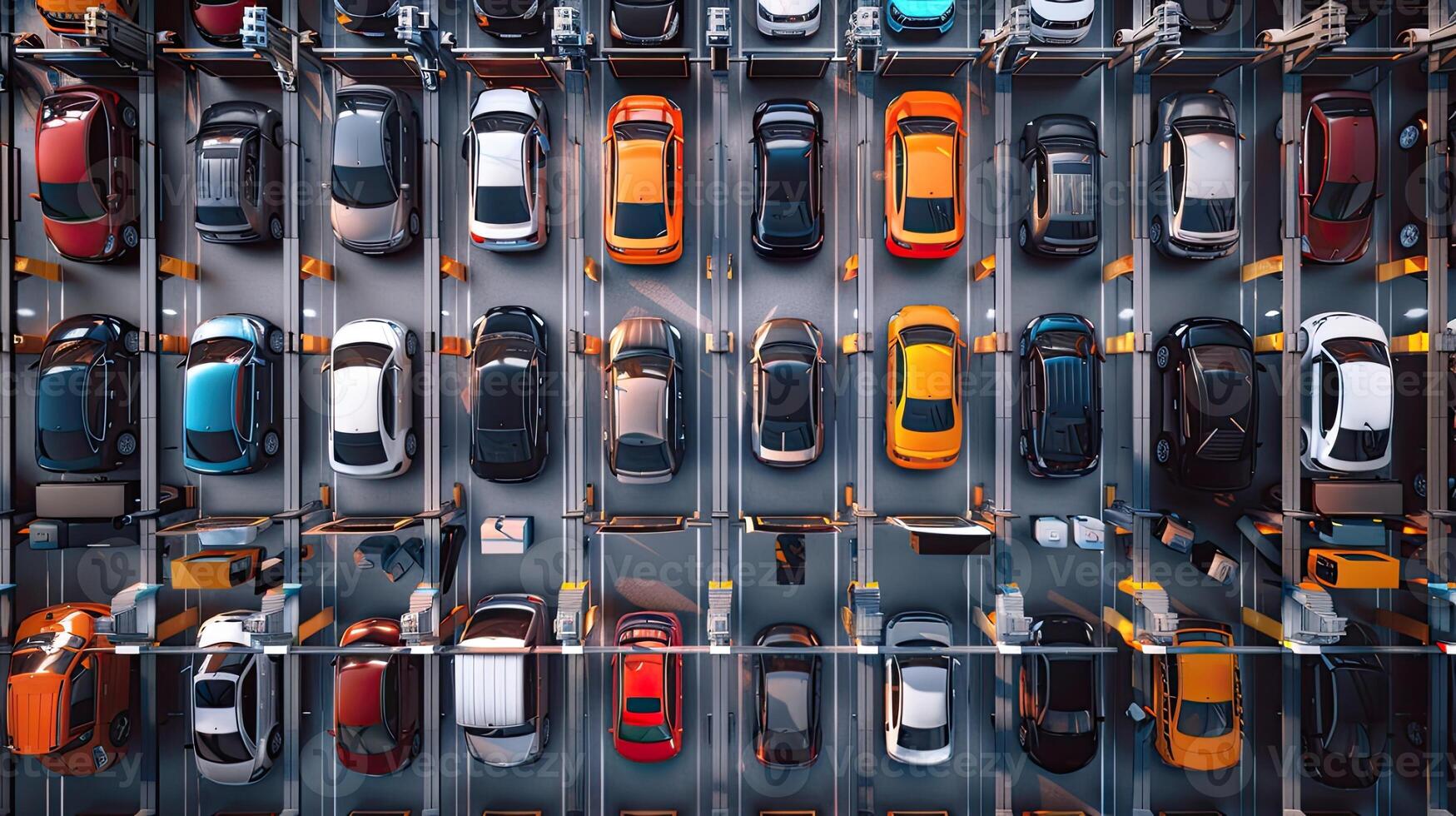 An overhead view of cars parked in a parking garage photo