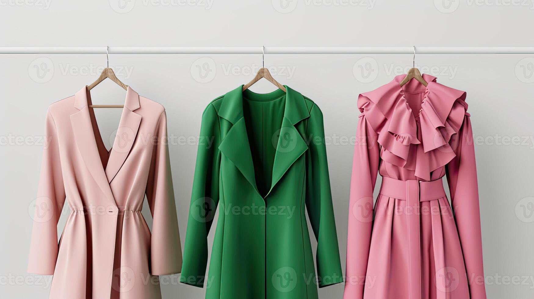 Three coats hanging on a rack with a green and pink one photo