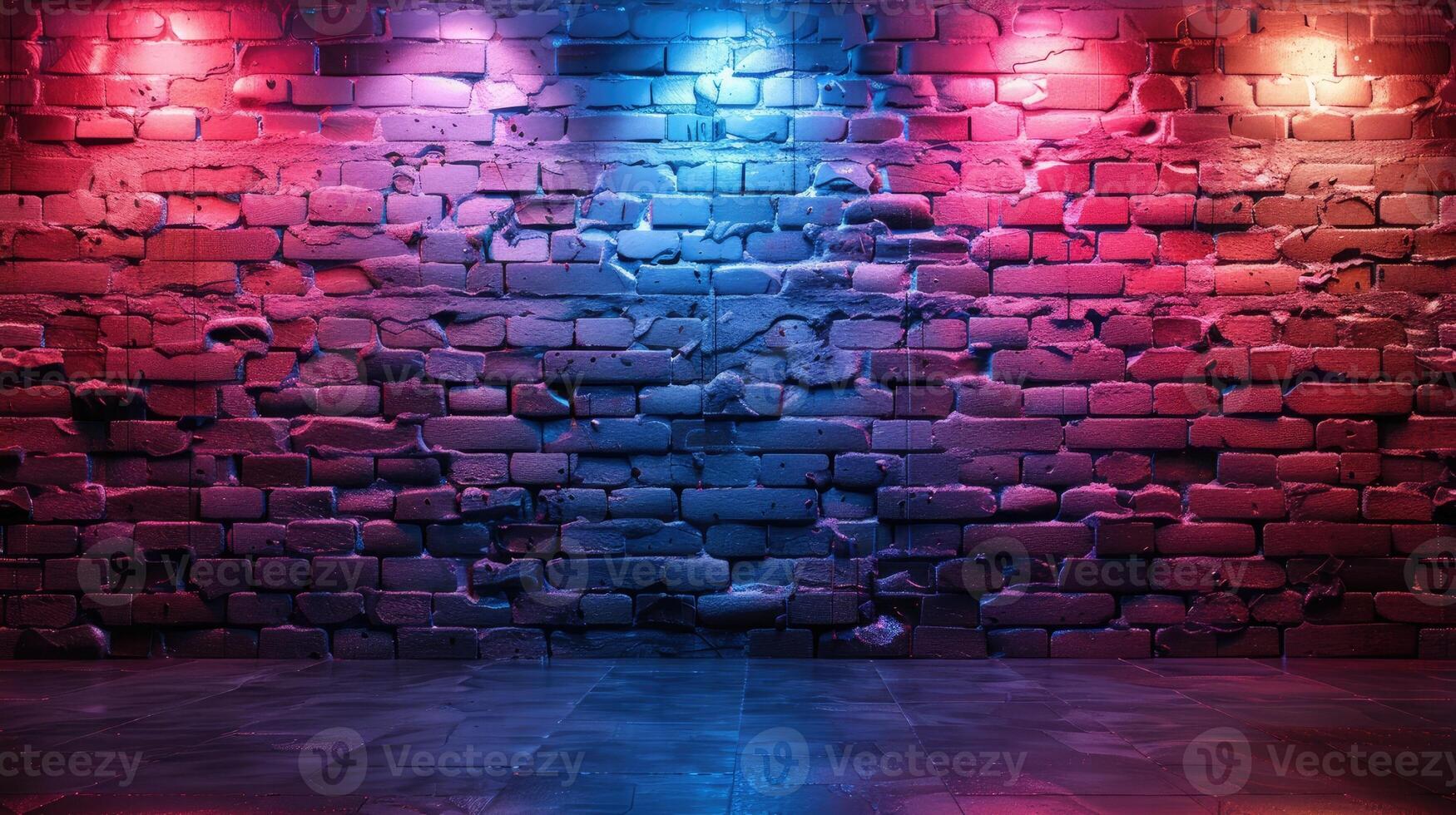 A brick wall with neon lights in the center photo