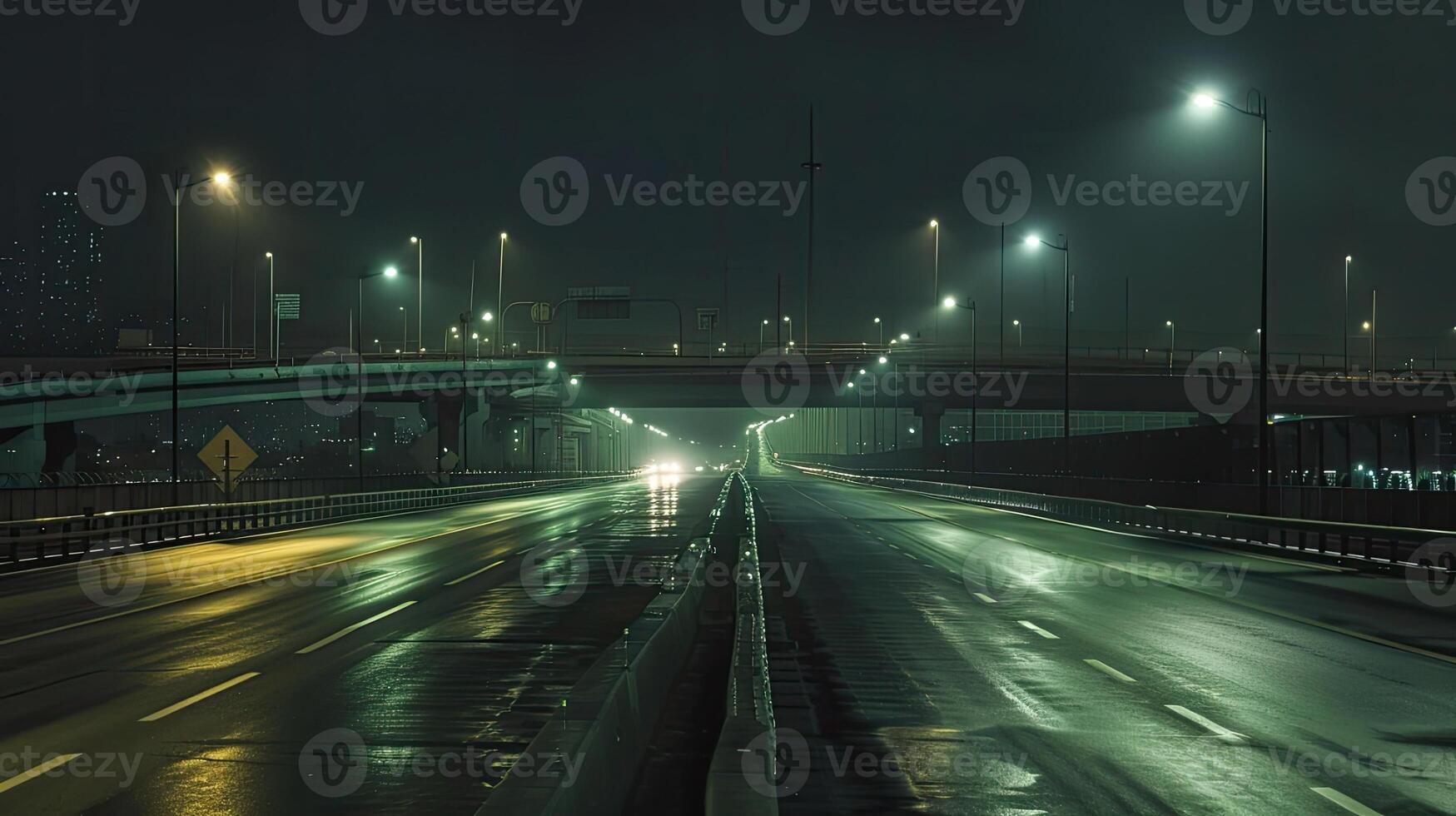 A long empty highway at night with lights on photo