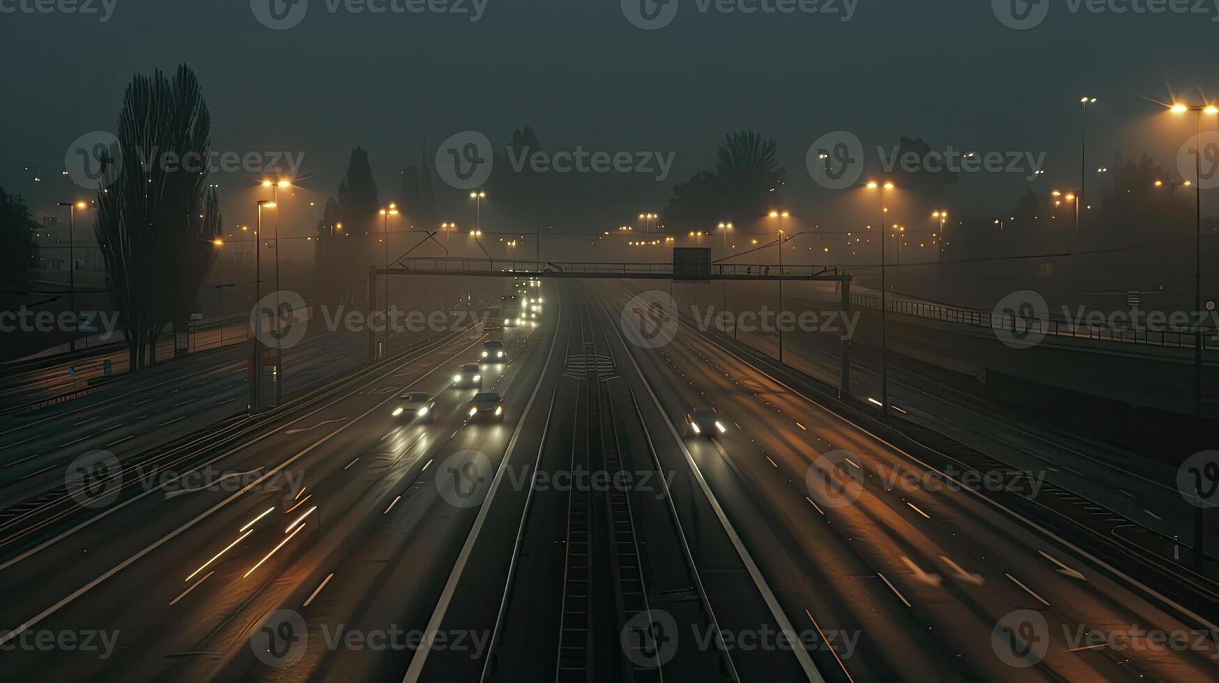 A foggy night time view of a highway photo