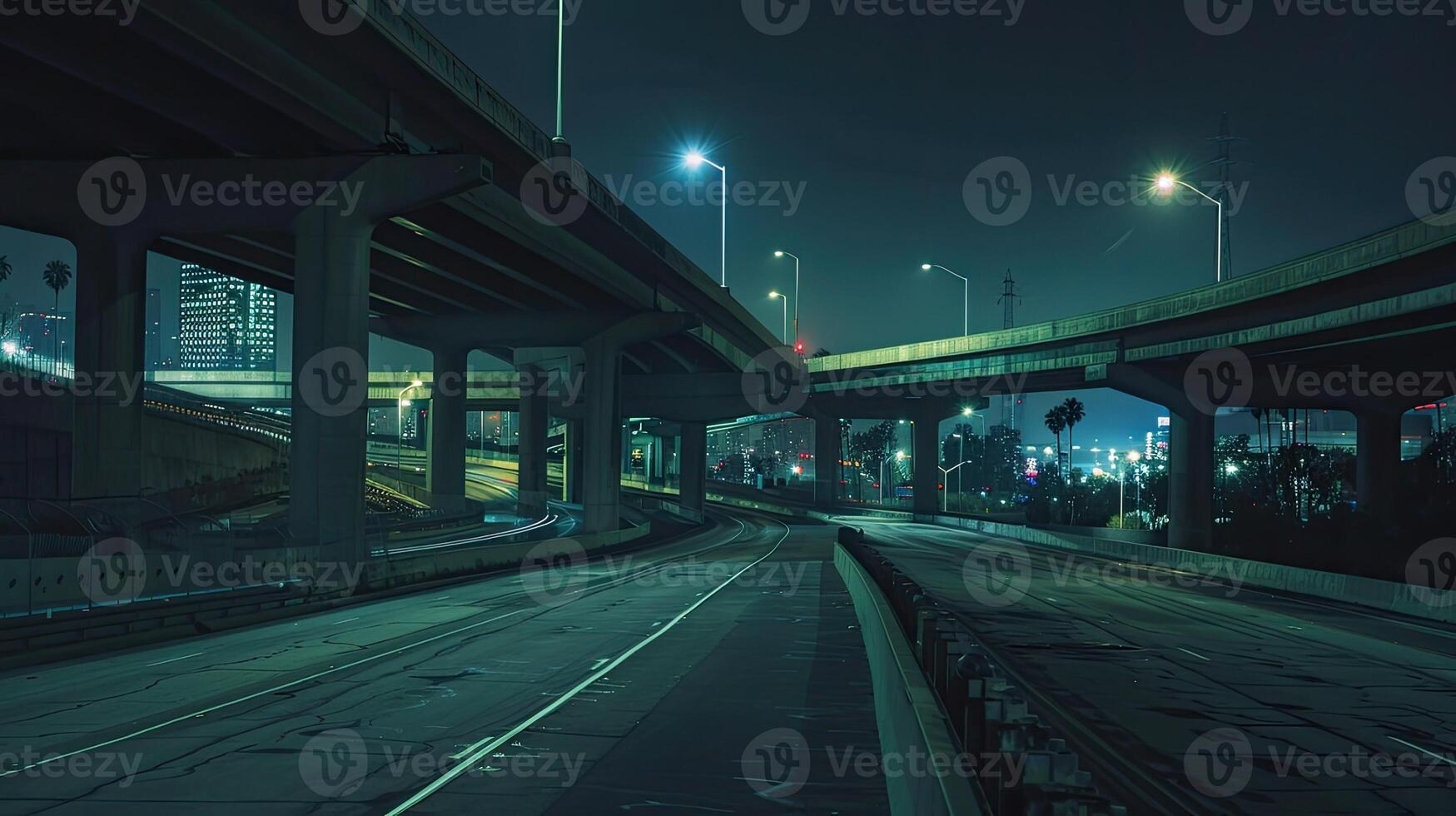 A dark road with a highway underpass photo