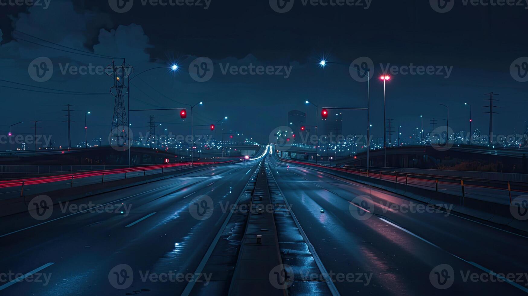 A night time photo of a highway at night