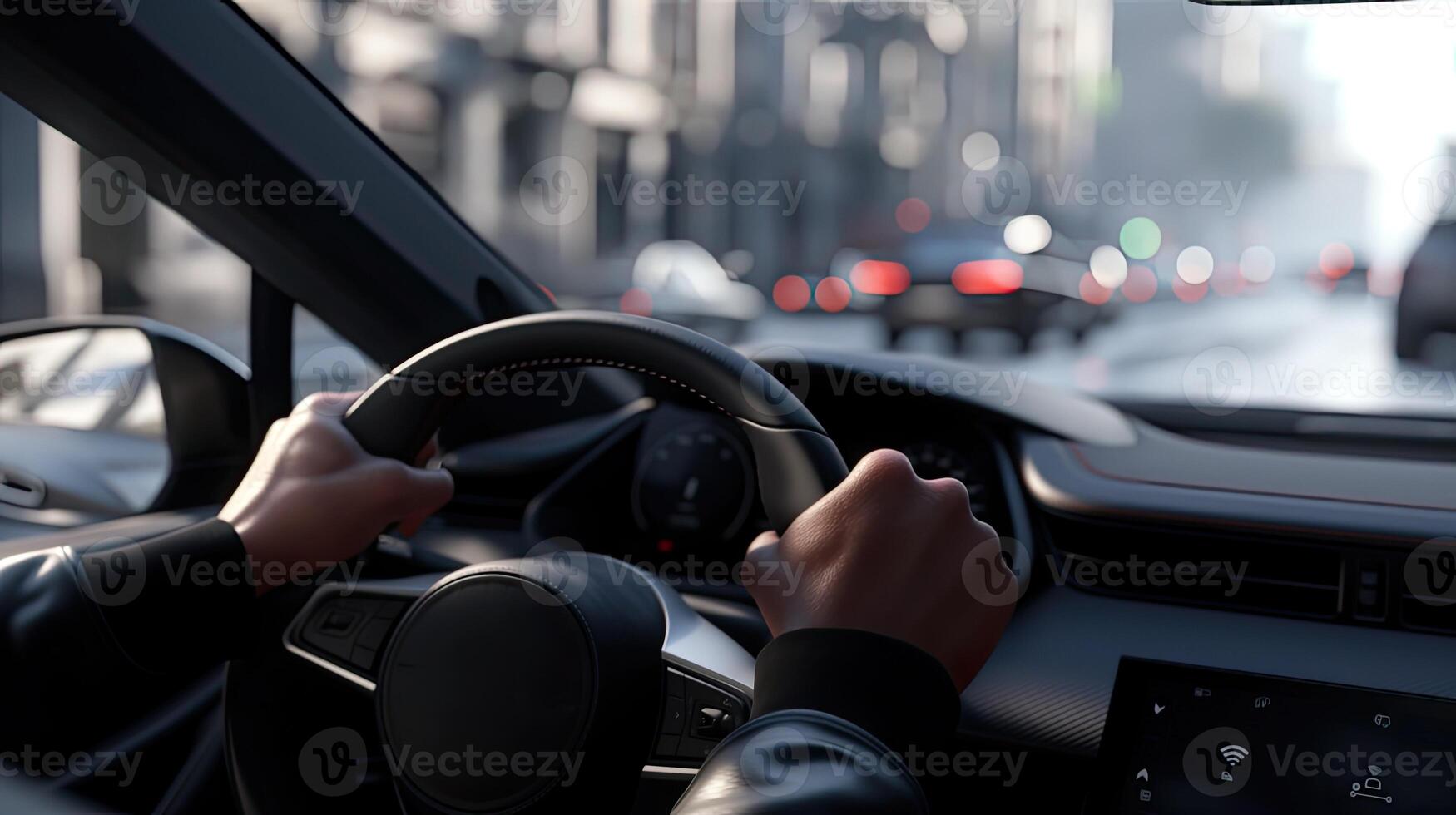 A person driving a car on a city street photo