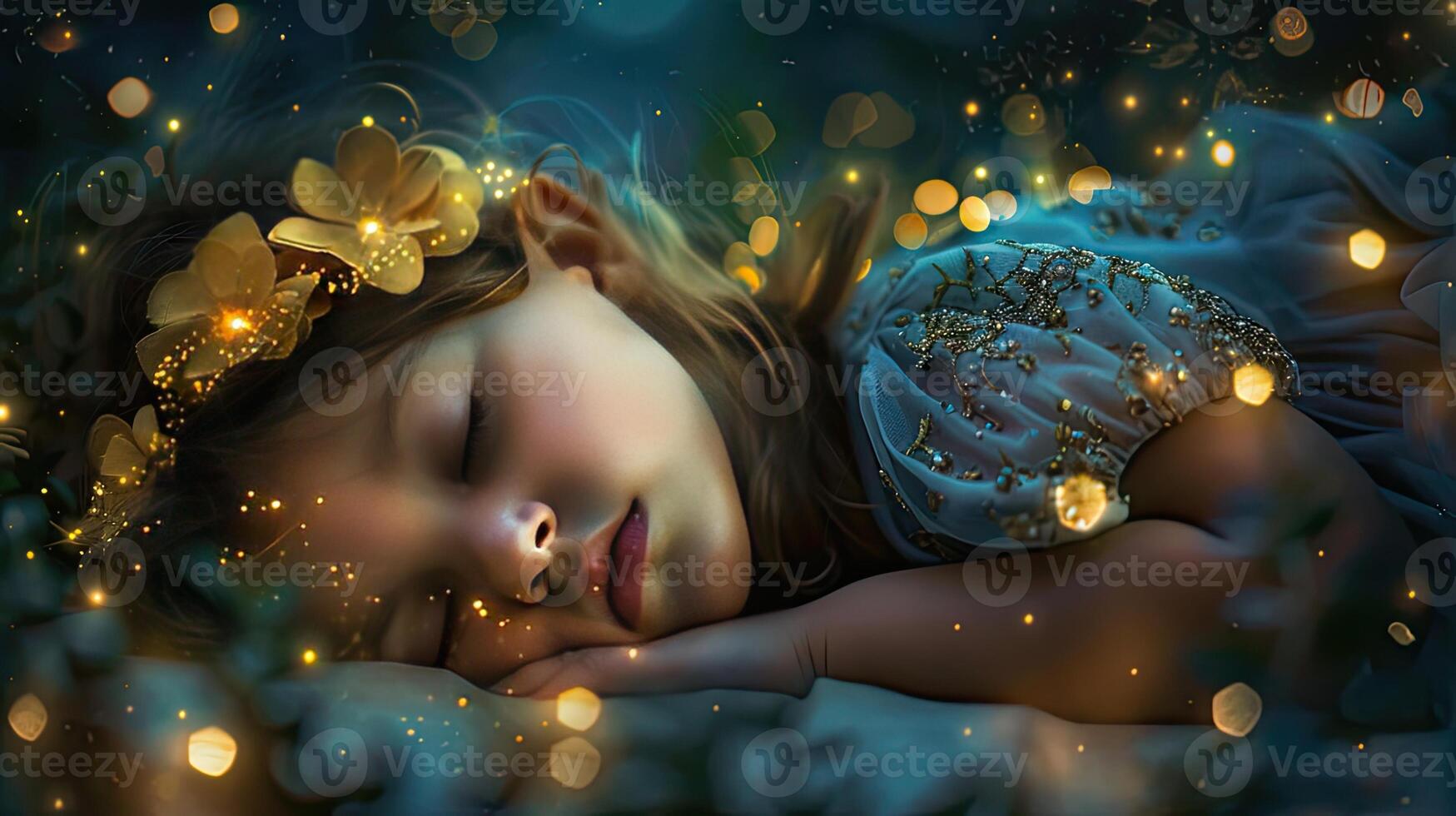 A little girl sleeping in the dark with fairy lights photo
