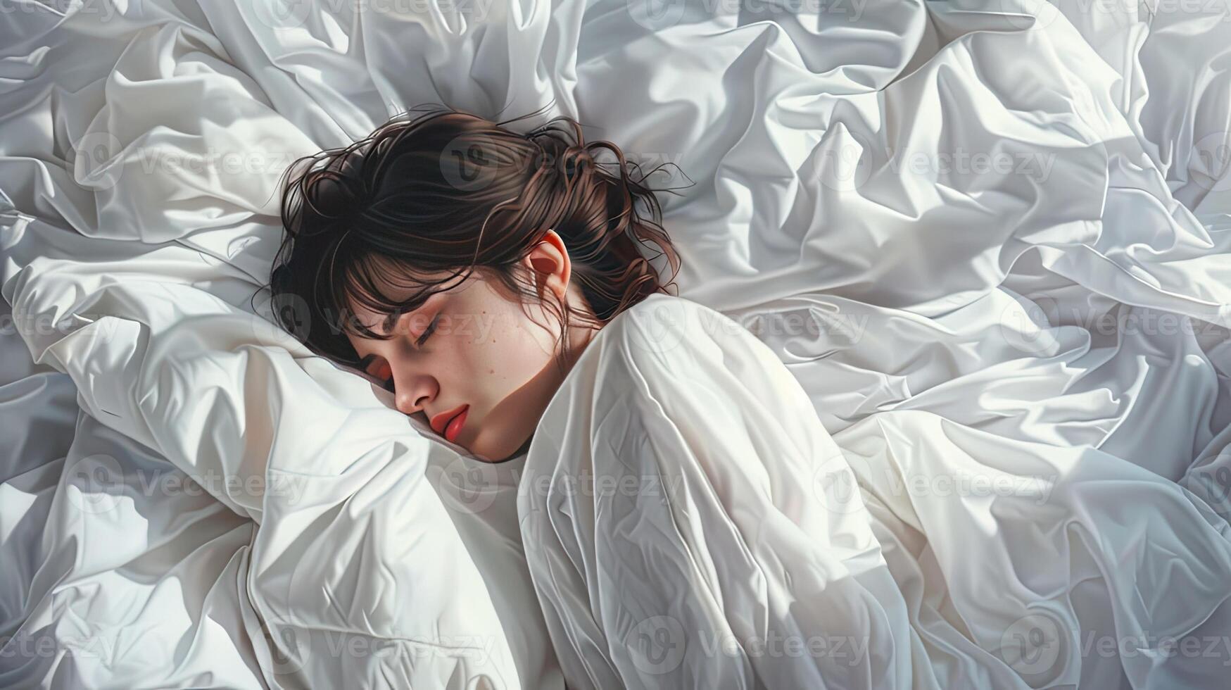 A woman sleeping in a bed with white sheets photo