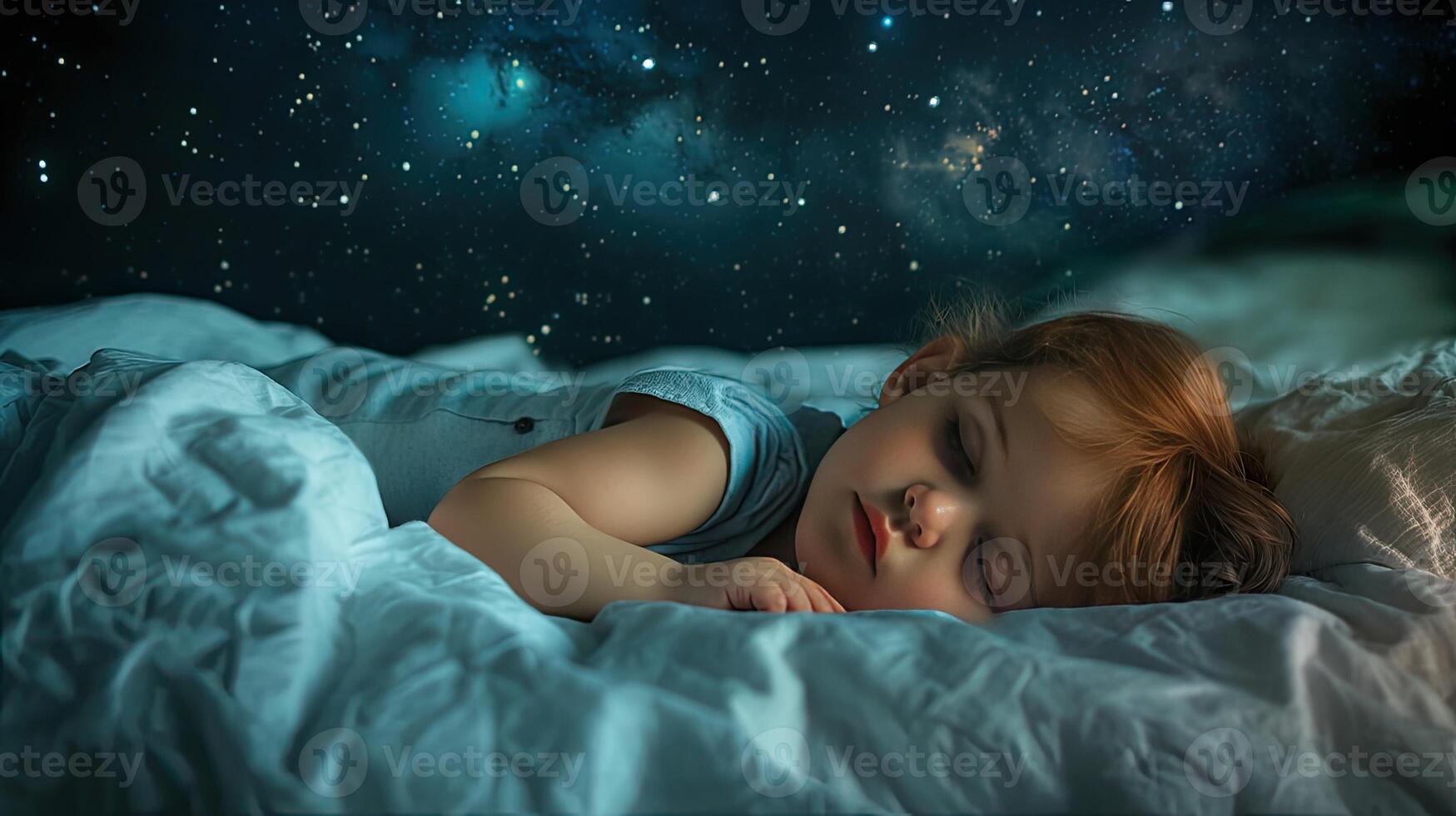 A baby sleeping in a bed with stars in the background photo