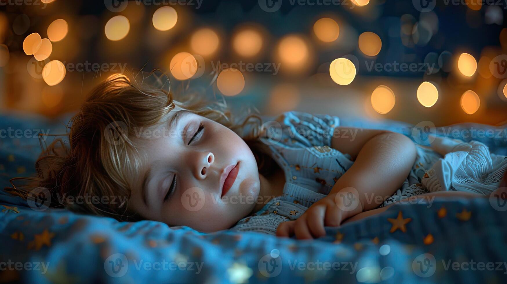 A little girl sleeping on a bed with lights behind her photo