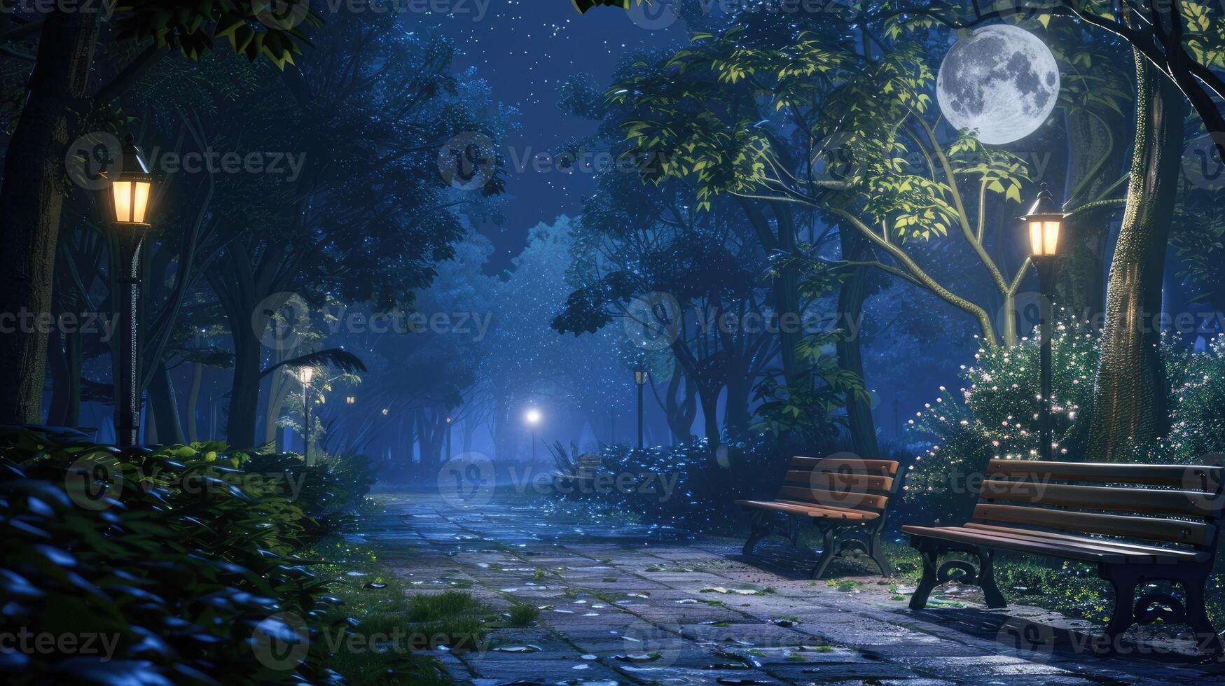 A park bench is in the middle of a dark night photo